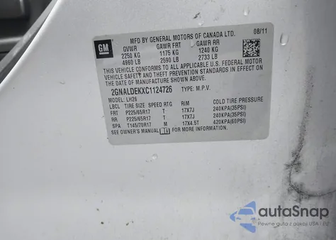 2012 Chevrolet Equinox 1Lt из США, поврежденный, VIN 2GNALDEKXC1124726